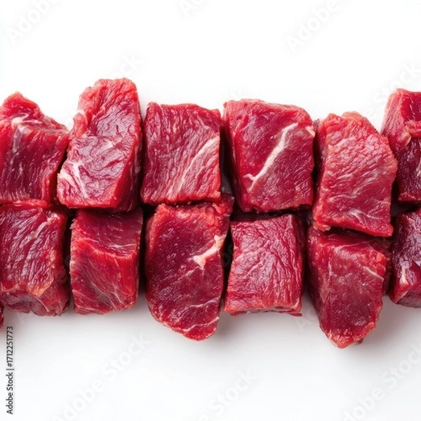 Fototapeta A row of uniformly cut, raw beef cubes arranged on a pristine white background, showcasing their rich red color and marbled texture