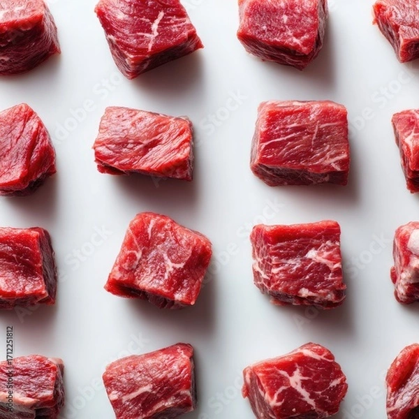 Fototapeta A high-angle, close-up shot of uniformly sized, raw beef cubes arranged in neat rows against a stark white background.  The image displays a clean, organized presentation of the meat