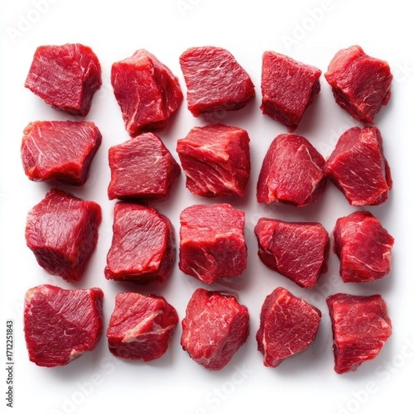 Fototapeta Overhead shot of twenty-five uniformly-sized, raw beef cubes arranged in a grid against a stark white background