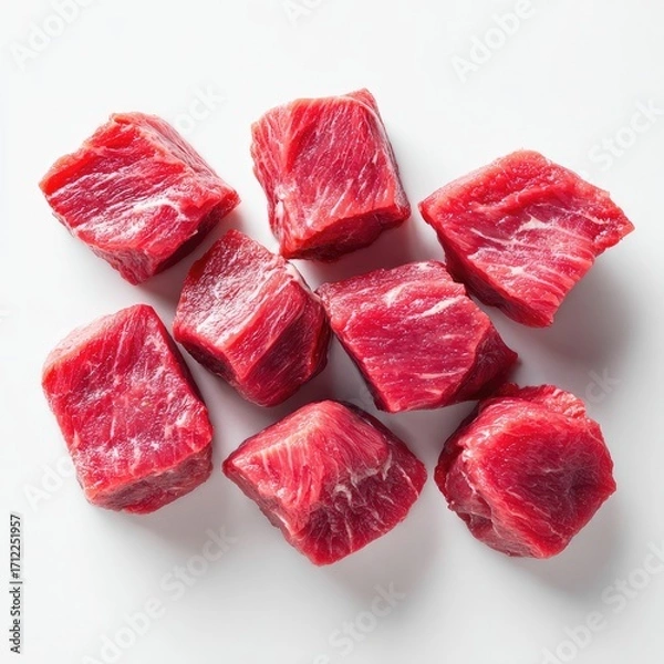 Fototapeta Eight uniformly-cut, raw beef cubes, rich red in color, are arranged on a bright white background, showcasing their fresh appearance