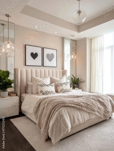 Fototapeta A modern bedroom with a beige upholstered bed, featuring a plush throw, patterned pillows, and two minimalist heart prints on the wall.  Large windows provide ample natural light