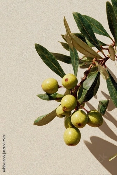 Fototapeta A close-up shot of a branch with unripe, pale green olives and vibrant green leaves, cast against a muted beige backdrop, creating a minimalist yet striking image with a play of light and shadow