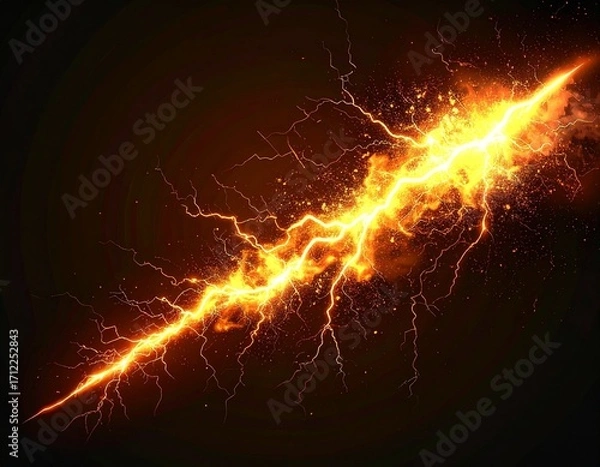 Fototapeta Single Glowing Lightning Bolt, Photorealistic Isolated on Black