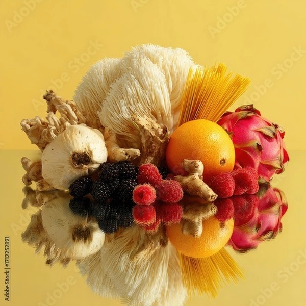 Fototapeta A vibrant still life featuring a diverse array of colorful fruits, vegetables, and fungi, artfully arranged on a reflective surface against a muted yellow backdrop