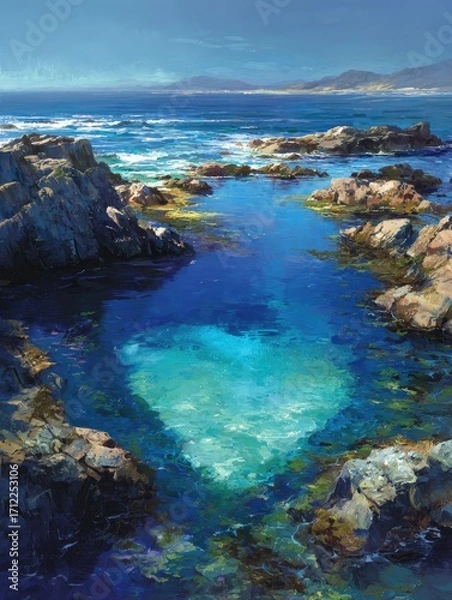 Fototapeta A tranquil coastal scene showcases a heart-shaped pool nestled amidst dark rocks, clear turquoise water, and a distant hazy coastline under a bright, sunny sky