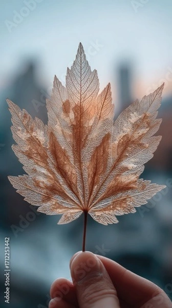 Fototapeta Close-up of a translucent, beige maple leaf held delicately between fingers against a blurred urban backdrop