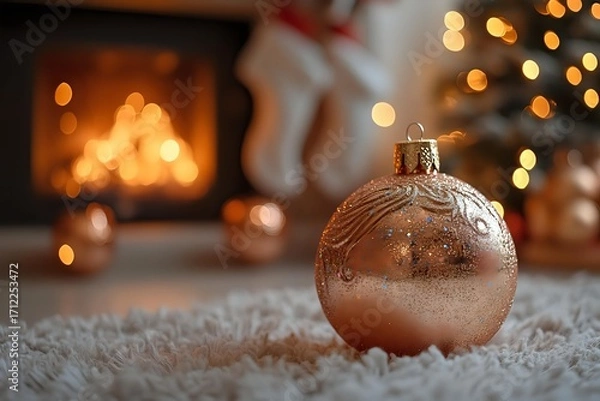 Fototapeta Rose gold Christmas bauble on white snow with fireplace and bokeh lights in background creating cozy festive atmosphere for winter holiday season.