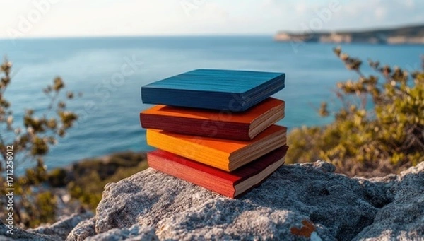 Obraz a stack of blue, orange and red wooden notepads on top of the rocks in wild nature with sea view in background. In Scandinavian style
