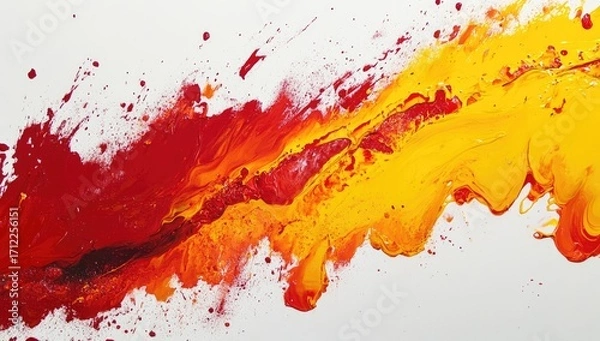 Obraz A vibrant splash of red and yellow paint against a white background, captured in close-up. The colors blend and contrast, creating a dynamic and visually striking composition.