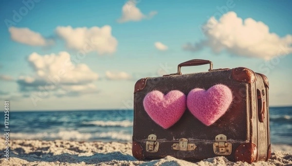 Obraz A vintage suitcase with two pink hearts on the beach, symbolizing love and travel for Valentine's Day. The background is a clear blue sky and white sand.