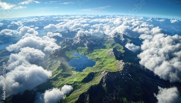 Obraz A wide aerial view of the Earth with clouds and greenery, mountains in the distance, a blue sky, and a lake on the horizon