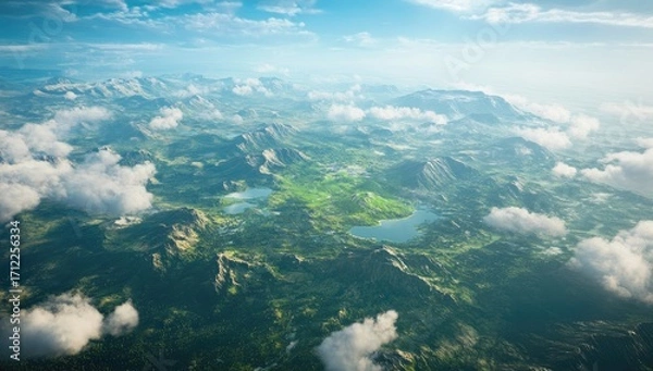Obraz A wide aerial view of the Earth with clouds and greenery, mountains in the distance, a blue sky, and a lake on the horizon