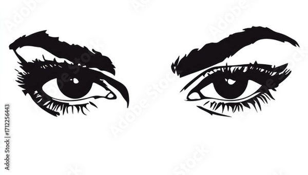 Obraz Beautiful woman eyes with thick eyebrows, vector illustration in engraving style on white background, vector illustration