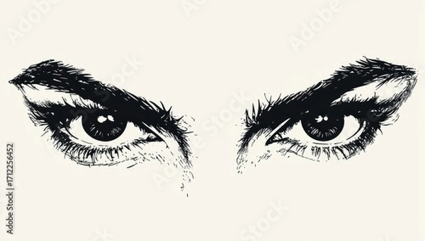 Obraz Beautiful woman eyes with thick eyebrows, vector illustration in engraving style on white background, vector illustration