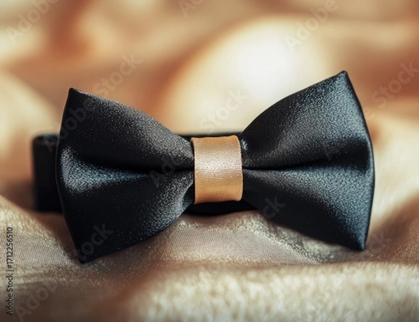 Obraz Black bow tie with a beige center band, front view, blurred background, product photography.