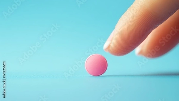 Obraz Close-up of a pink pill on a table, with a hand touching it against a blue background.