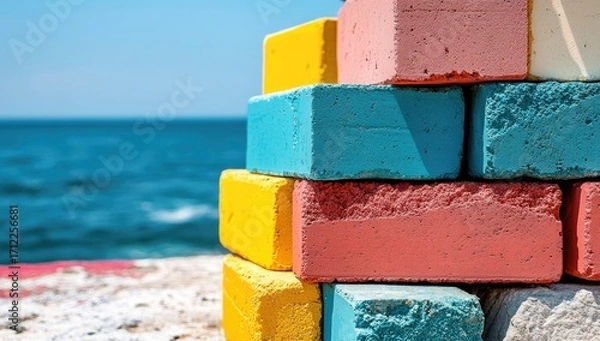 Obraz Colorful bricks stacked on top of each other near the sea, representing building blocks for construction and architectural design.