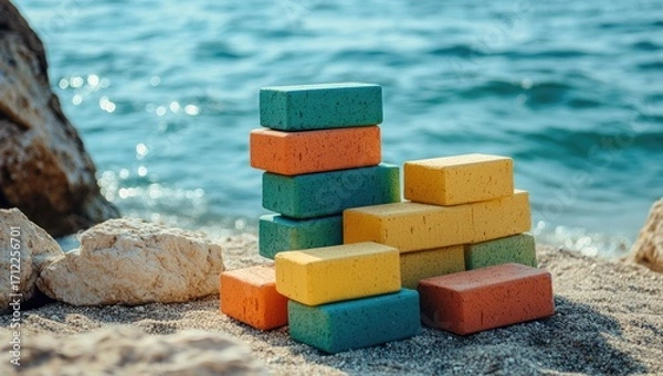 Obraz Colorful bricks stacked on top of each other near the sea, representing building blocks for construction and architectural design.