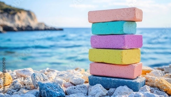Obraz Colorful bricks stacked on top of each other near the sea, representing building blocks for construction and architectural design.