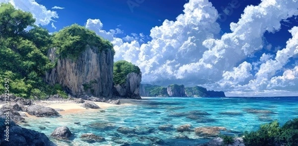 Obraz Panoramic photo of a beautiful island, with crystal-clear water, white sandy beaches, and coral reefs visible in the shallow waters.