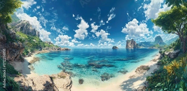 Obraz Panoramic photo of a beautiful island, with crystal-clear water, white sandy beaches, and coral reefs visible in the shallow waters.
