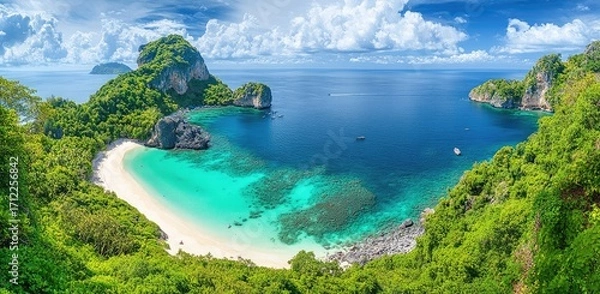 Obraz Panoramic photo of a beautiful island, with crystal-clear water, white sandy beaches, and coral reefs visible in the shallow waters.
