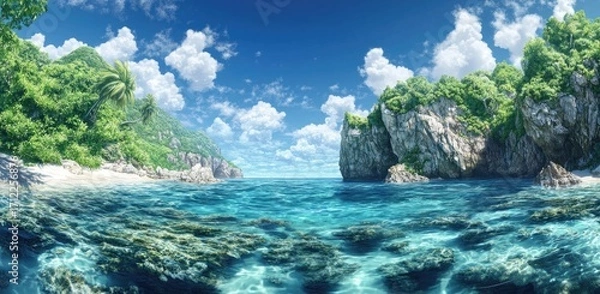 Obraz Panoramic photo of a beautiful island, with crystal-clear water, white sandy beaches, and coral reefs visible in the shallow waters.