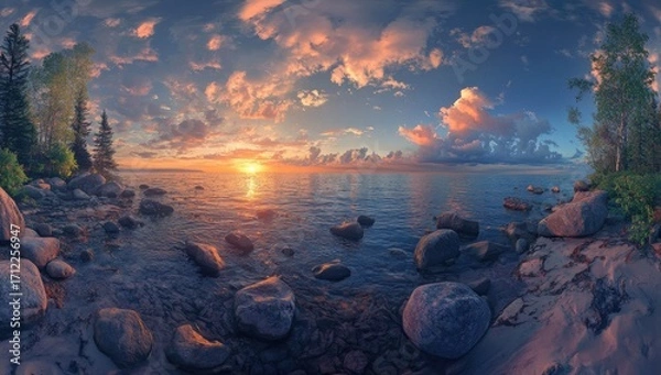 Obraz Panoramic photo of Lake Houghton in Michigan, sunset, rocks on the shore, clouds in the sky.