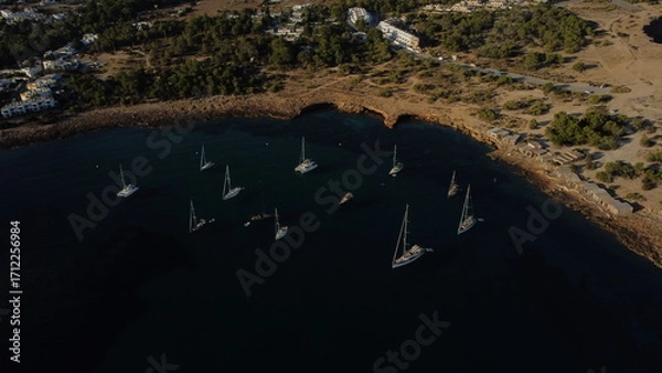 Fototapeta Drone view of multiple sailboats anchored in a calm bay of Ibiza