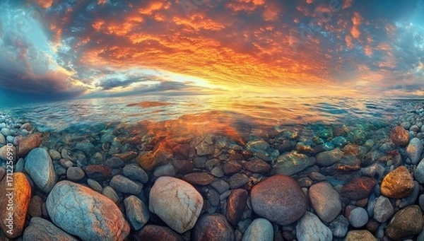 Obraz Panoramic photo of Lake Houghton in Michigan, sunset, rocks on the shore, clouds in the sky.