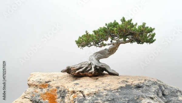 Obraz Photo of a bonsai tree growing on top of an isolated rock in the desert, representing strength and resilience. Web banner with copy space on the right side.