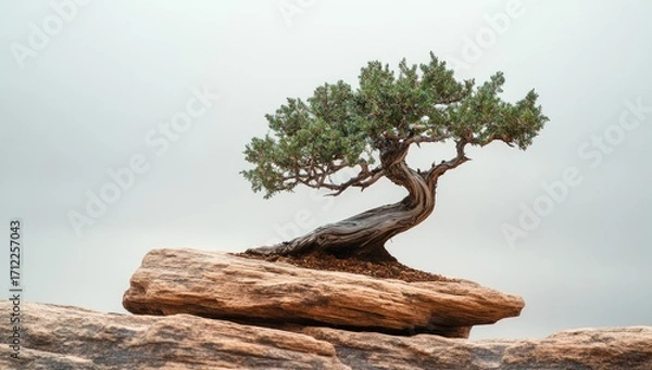 Obraz Photo of a bonsai tree growing on top of an isolated rock in the desert, representing strength and resilience. Web banner with copy space on the right side.