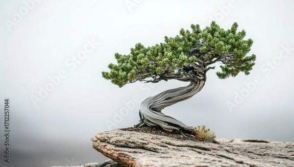 Obraz Photo of a bonsai tree growing on top of an isolated rock in the desert, representing strength and resilience. Web banner with copy space on the right side.