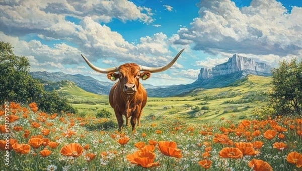 Obraz The majestic horns of the longhorn in the foreground, set against rolling green hills and blooming wildflowers under a blue sky with white clouds.