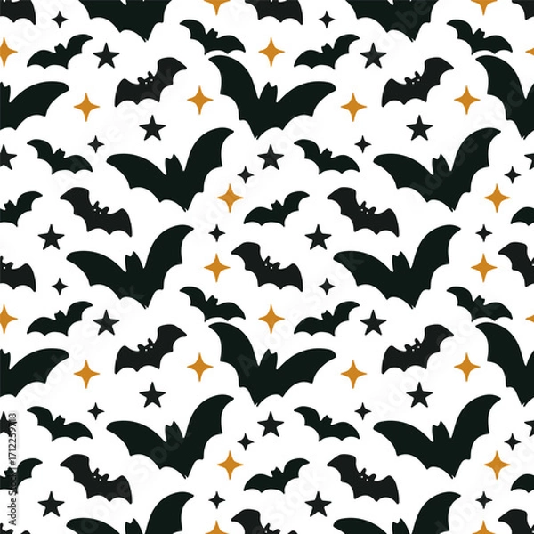 Fototapeta Halloween seamless pattern with bat's silhouettes. Vector hand drawn background for spooky season.