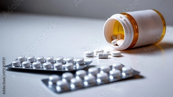 Fototapeta Diazepam Pills and Blister Packs on White Surface