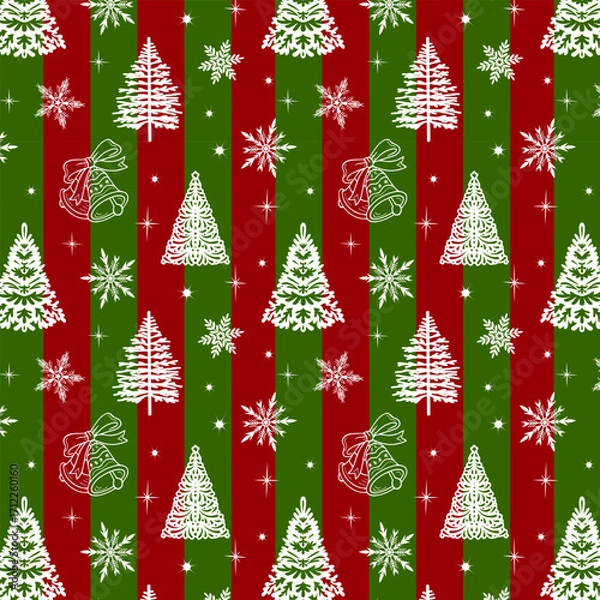 Fototapeta New Year pattern on a striped background.Vector seamless pattern with outline Christmas trees, bells and snowflakes on a multicolored striped background.