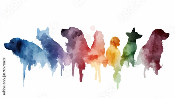 Obraz Colorful watercolor silhouette of various dog breeds dripping in rainbow hues. National Veterinary Technician Week