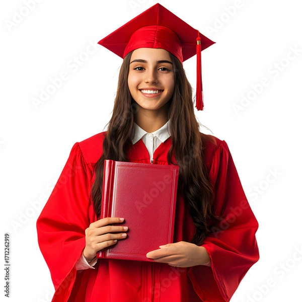 Fototapeta Happy Graduate in Red Gown with Book Isolated on White Background