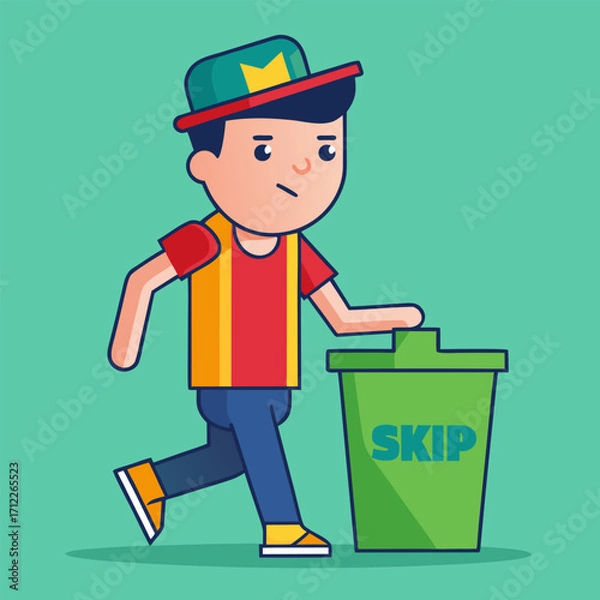 Fototapeta Smiling cartoon green pot character with winter hat and gloves walking