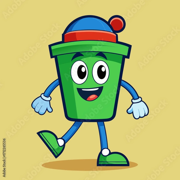 Fototapeta Smiling cartoon green pot character with winter hat and gloves walking