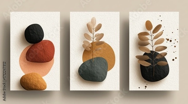 Fototapeta Harmonious Abstract Wall Art Trio: This stunning collection of abstract wall art showcases a trio of unique compositions, each carefully crafted with a minimalist approach, soft colors.