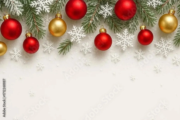 Fototapeta Christmas top border of red and gold baubles, snowy branches and snowflakes. Overhead view on a white banner background. Copy space