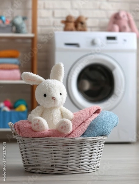 Fototapeta A soft white bunny plush toy sits on top of neatly folded pink and blue towels in a wicker basket. Behind it, a modern washing machine is visible in a tidy laundry room