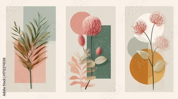 Fototapeta Abstract Floral Composition: Modern and artistic botanical illustrations showcasing delicate leaves and blooms, set against pastel geometric shapes.