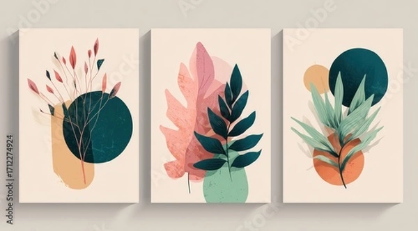 Fototapeta Abstract Botanical Art Triptych: A stylish triptych of artistic plant illustrations, offering a serene blend of minimalist shapes, soft colors, and botanical charm for a harmonious aesthetic
