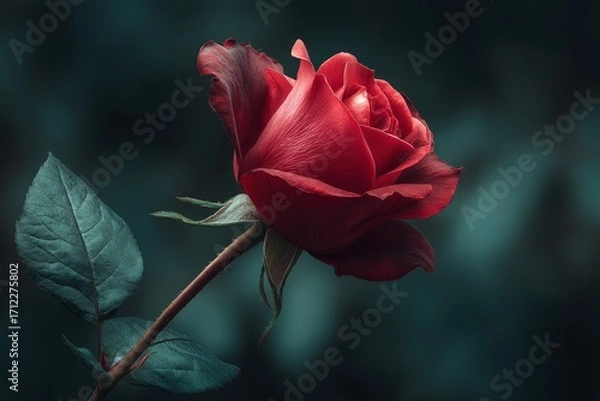 Fototapeta Beautiful red rose blooms gracefully against a blurred green background in a serene garden setting