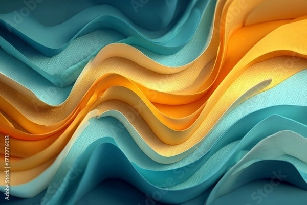 Fototapeta Colorful abstract waves of paper create a dynamic visual in vibrant shades of blue, orange, and yellow