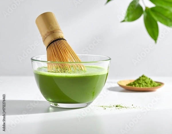Fototapeta A bowl of matcha liquid, Japanese bamboo whisk with matcha powder and green plant behind 