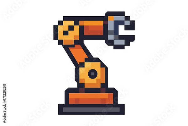 Fototapeta Robotic arm pixel art icon. Vector illustration of a factory manipulator. Concept for industrial automation, manufacturing, technology, and assembly line. 8-bit retro game style.